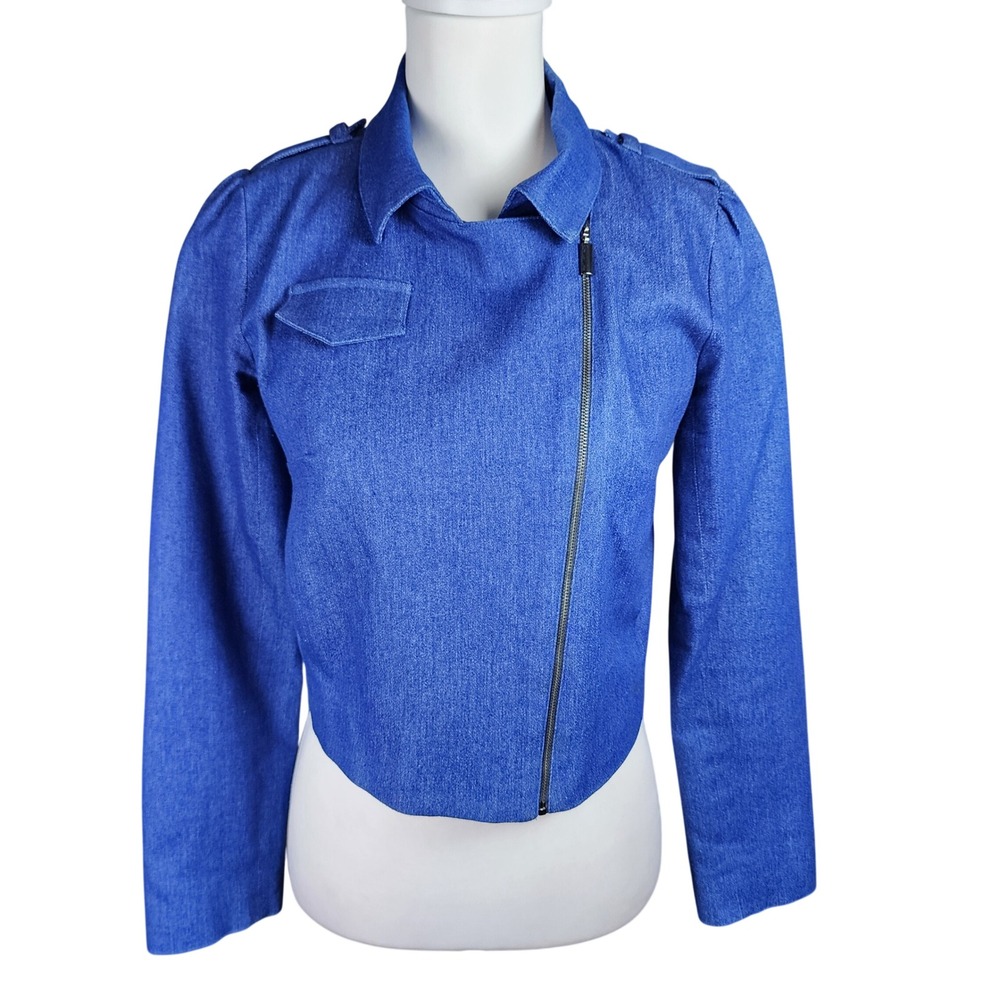 Heroines Paris Evy Denim Crop Moto Jacket Womens 36 US Small Blue Stretch Casual